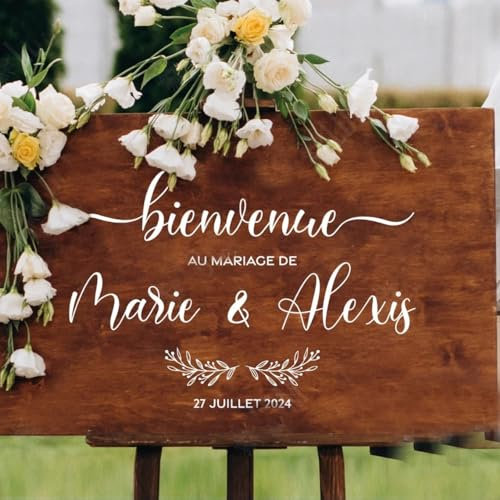 HERSTL Stickers Personnalisé Panneau Bienvenue Mariage, Sticker Bienvenue Mariage, Panneau Bois Personnalisé Mariage, Tableau Mariage, Autocollant Mariage， Pancarte Mariage Personnalisée, Bienvenue
