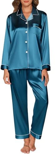 Reliwel Women's Pyjama Sets Silk Satin Long Sleeve Button Down Ladies Pyjamas two Piece Silk Pjs for Women Sets Sleepwear Loungewear Nightwear for Spring Summer,Peacock Blue,S