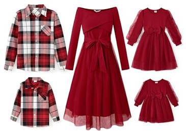 PATPAT Familien Outfit Set Langarm - Partnerlook Mutter Tochter Kleid Langarm T-Shirt & Mutter Kind Kleider Mama Tochter Kleidung für Herbst & Frühling, Weihnachts Rot, Junge: 6-7 Jahre