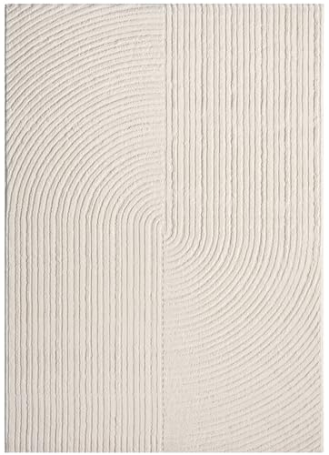 VIMODA Moderner Kurzflor-Teppich Boho Wohnzimmer Schlafzimmer dünn mit 3D Hoch-Tief Effekt Pflegeleicht,Farbe:Creme;Maße:160x230 cm