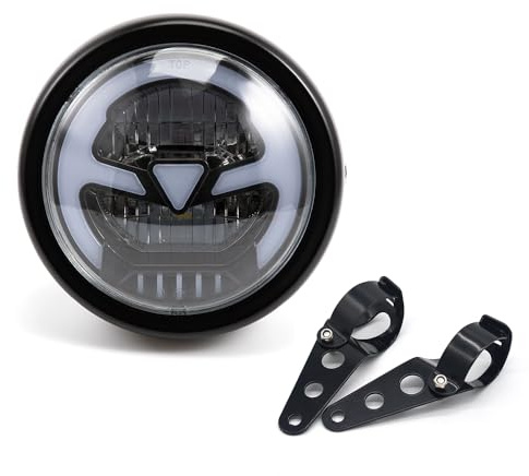 Motorcycle Headlight 5.75 inch Round LED with Mounting Brackets Assembly, Front Headlamp with DRL High/Low Beam for Cafe Racer E-bike Bobber Chopper (style A)