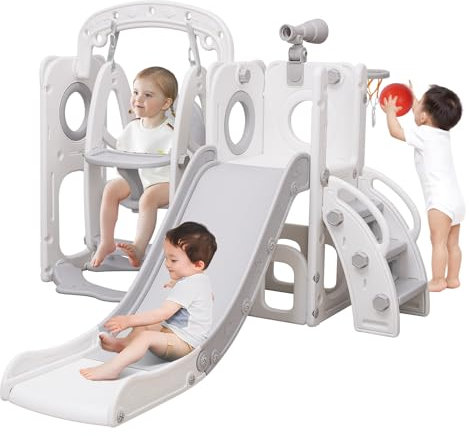 Sinbide Kinderrutsche 4 in 1 Multifunktionale Rutsche mit Basketballkorb Kletterleiter Schaukel Stauraum Fernglas Mini Kinderpark und multifunktionales Kinderspielzeug für 3-6 Jahre weiß