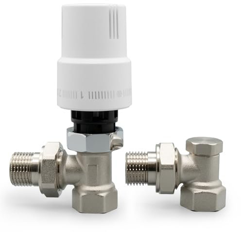VANCOCO G1/2 Thermostatventil + Rücklaufverschraubung mit Gewindeanschluss für Heizkörper, Komplett-Set Eckform, Thermostatkopf, Heizungsventil, Weiß, Flüssigfühler, Frostschutzstellung, mit Schloss
