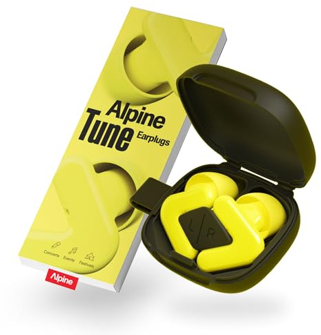 Alpine Tune Concert Ear Plugs Hi-Fi | Comes with 4 Tip Sizes 19dB Yellow | Music preservation, gigs, concerts, festivals & clubs. Noise reduction. Includes 4 tips (XS, S, M, L). Reusable. With case.