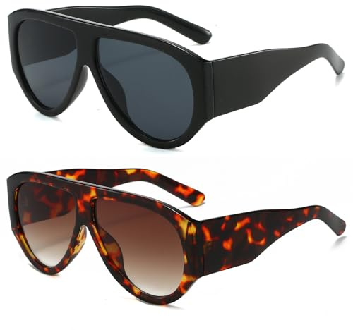 LJCZKA Gafas de Sol Grande Retro para Mujer Hombre, Vintage Piloto Marco Grueso Ovaladas Moda Chunky Envolvente Protección UV400