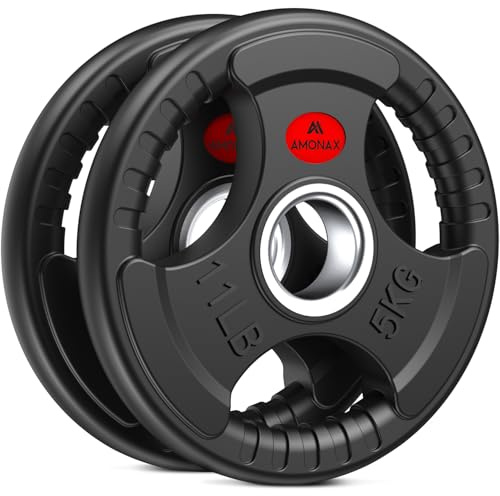 Amonax 2 Inch Olymic Weight Plates, Barbell Plates for Olympic Bar, Trip-Grip Gym Weight Discs, 5kg, 10kg, 20kg, 25kg Cast Iron Core with Rubber Coating (Rubber Coated, 5KG x 2)