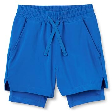 Amazon Essentials Boys' Active Performance Stretch Woven Athletic PE Training Shorts with Liner, Blue, 9 Years