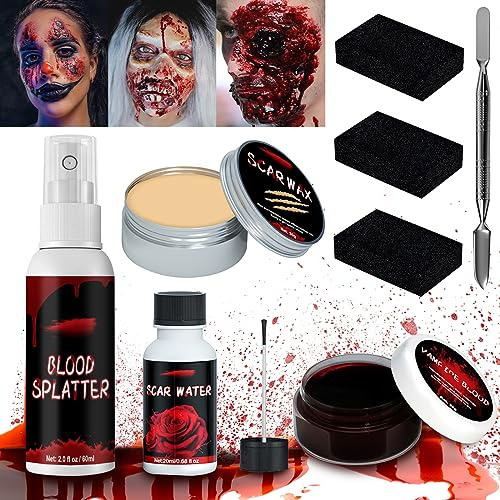 POWZOO Maquillage Halloween Effets Spéciaux,Faux Sang en Spray+Cire De Cicatrice+Faux Gel Coagulé+Eau Cicatrice+Éponge+Grattoir,pour Halloween Decoration,Vampire Plaies Cicatrice,Cosplay et Fêtes.