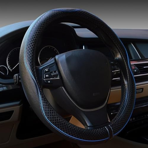 Xibao Funda Volante Coche,Cubierta de Volante de Cuero para Automóvil,Funda para Volante de Coche,para la Mayoría de los Automóviles con un Diámetro Exterior del Volante de 37–39 cm (Negro&Azul)