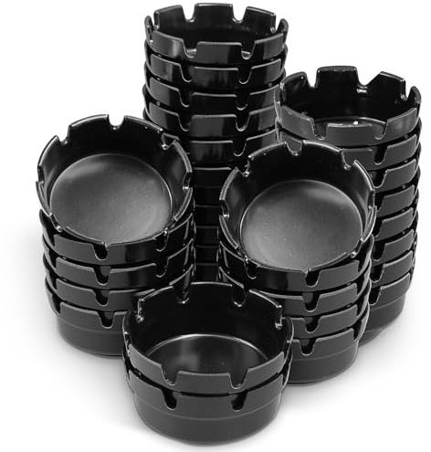 30 Pack Black Plastic Ashtrays Round Ash Trays Bulk with Notches Melamine Cigarette Ashtrays for Bars Office Restaurant or Outdoor