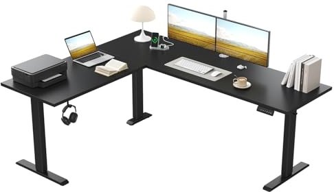 Klicelor Bureau d'angle en L réglable en Hauteur électrique 150x125 cm | Bureau assis-debout, 3 positions mémoire, anti-collision, charge 80 kg, idéal télétravail et gaming, Noir