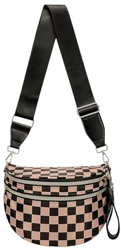 JEBELE Sac à bandoulière pour femme en nylon - Sac banane à bandoulière robuste et polyvalent avec plusieurs poches, Marron à carreaux