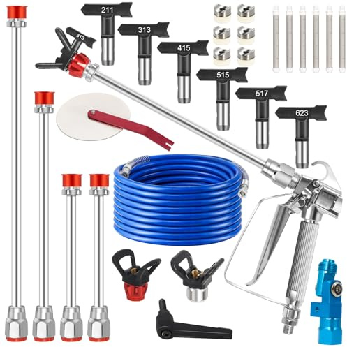 22-teiliges Airless Farbspritzpistole Set 3600 PSI mit 15 m Hochdruckschlauch, Spritzpistole mit 6 Reversible Düsen (211/313/415/515/517/623), Verlängerungsstangen, Filter für Wand Decke Zaun Möbel