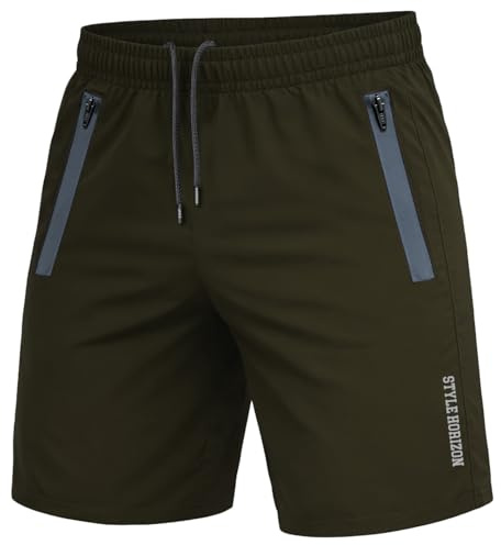 Style Horizon Mens Running Shorts with 2 Zip Pockets, Quick-Drying Breathable Shorts for Gym, Sports & Workout (S1, Olive, M)