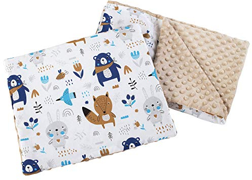 Medi Partners Babydecke Krabbeldecke mit Kissen 100% Baumwolle Minky Kinderdecke 55x75 + 35x30cm multifunktional für Kinderwagen Babyschale Wiege (Tiere im Wald mit beigem Minky)