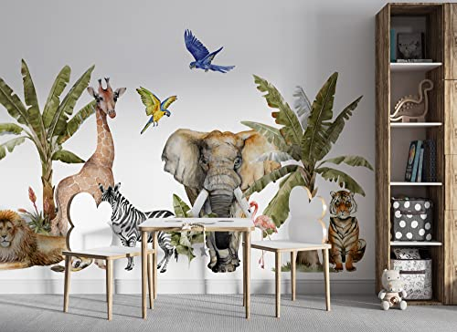 Osomhome | Wandtattoo Kinderzimmer Dschungeltiere | Wanddeko Tropische Jungenzimmer | Wandsticker Babyzimmer Tiere Tapete | Dschungel Kindertapete Schlafzimmer | os4015 (340x160cm)