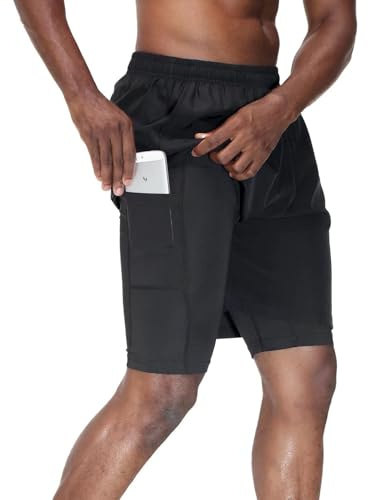 HMIYA 2-i-1 shorts för män, sport, löparshorts, snabbtorkande, dubbla lager, ventilerande, med ficka med dragkedja, svart, M