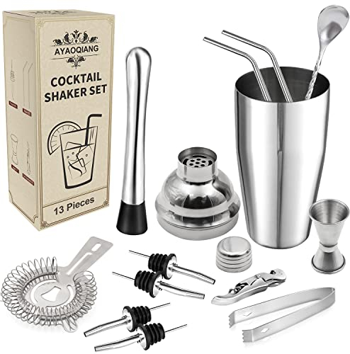 Set da cocktail shaker, 7 pezzi kit per cocktail making, 750 ml in acciaio inox, set di attrezzi da barra, kit barista con doppio Jigger, pestello, colino, versatori, cavatappi, cannucce