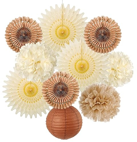 Decoration de Marriage Boheme, Pompom Papier de Soie Decoration Salle de Mariage Boho, Brun, Deco Mariage Champetre Éventail en Papier Suspension pour Anniversaire Chambre Maison Deco