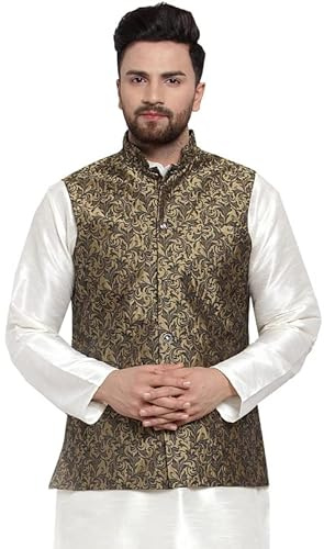 Maple Clothing Men's Jacquard Nehru Jacket Traditional Indian Waistcoat (Gold, L)