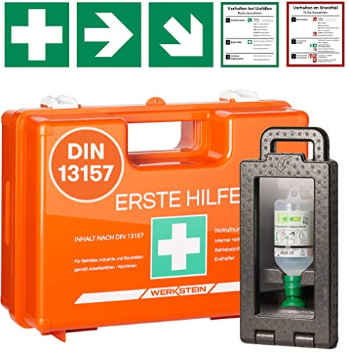 Erste Hilfe Kasten DIN 13157:2021 I Inkl. Ibox 1 mit Augenspülflasche 500ml, praktischer Wandhalterung, 5x Aufkleber & Plombe I Erste Hilfe Koffer für Betriebe, Einrichtungen & Zuhause