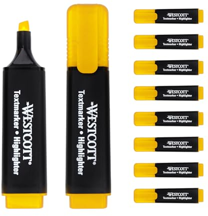 Westcott Textmarker 10 Stück gelb | 10er Pack Highlighter Marker in leuchtendem Gelb | 2-5 mm Strichstärke | Premium Tinte aus Deutschland | E-743687 00