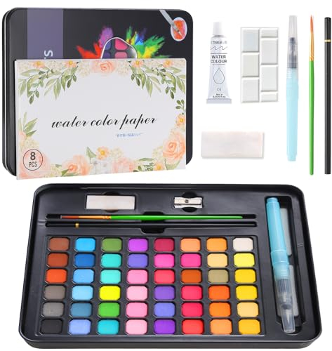 CRESZZLE Aquarellfarben Set, 48 Farben mit Pinsel Wassertankpinsel, Palette, Zeichenstift, Aquarellpapier, Schwamm, Radiergummi, Malkasten zum Malen,Ideal für Kinder und Künstler.
