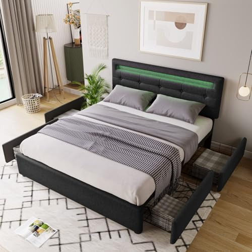 KOMHTOM Lit Rembourré avec éclairage d'ambiance LDE et 4 Tiroirs, Cadre de Lit Plateforme avec Tête de lit Réglable en Hauteur(sans Matelas) (Noir, 140x200cm)