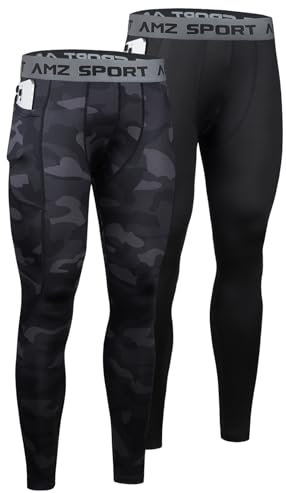 AMZSPORT 2er Pack Herren Kompressionshose, Lange Atmungsaktive Laufhose, Sport Leggings Tights für Training, Fitness, Radfahren, Basketball und Gym Schwarz Tarnung Schwarz L