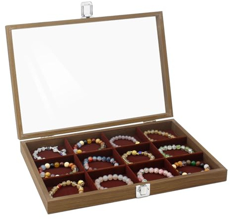 KOOAAICCHI Jewelry Organizer Tray 12 Grid Velvet Jewelry Storage Box with Clear Lid Jewelry Display Case with Lock Bracelet Earring Ring Organizer Showcase Gifts for Girls Women-12 Grid Wooden Brown