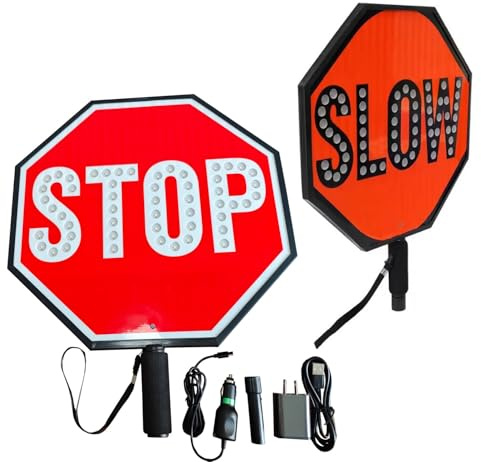 Cokvbato 18 Double Sided LED Stop Slow Paddle, Led Flashing Traffic Control Slow Down Hand Held Reflective Warning Stop Sign