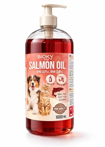 Bioky Aceite de Salmón Premium para Perros y Gatos 1L – Omega 3 EPA y DHA – Origen Escocia – Complemento Alimenticio con Ácidos Grasos y Vitamina E