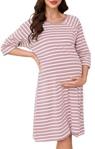 Vlazom Women 3 in 1 Cotton Nursing/Delivery/Labor/Maternity Nightgown Half Sleeve Breastfeeding Sleep Dress Hospital Gown Sleepwear with Buttons Pink Stripes,M