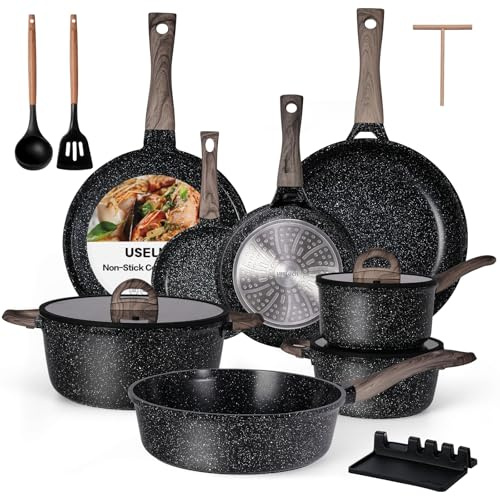Ceramic Cookware Set 22 Piece Nonstick Pots and Pans Set Non Stick Kitchen Cooking Sets 8Frying Pans with Lid,Black Granite Non-Toxic Induction Kitchen Cookware w/Glass Lids PFOS/PFOA-Free