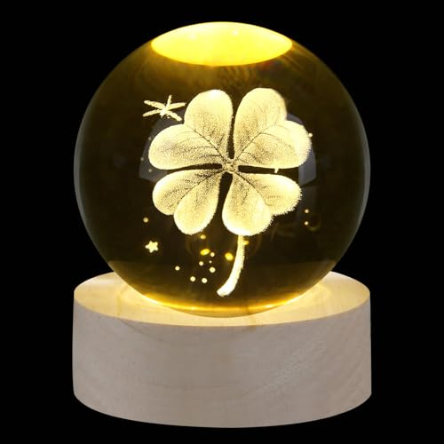 SAHOOTTIE 60mm 3D Four Leaf Clover Crystal Ball with Stand Irish Gifts | Good Luck Gifts for Women Paperweight Glass Ball Ornaments for Home Office Desk Decoration