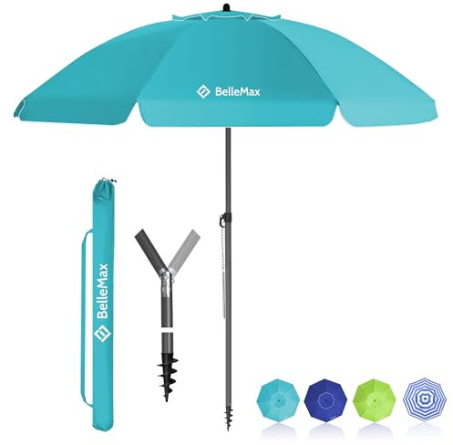 BelleMax Sonnenschirm Strand Windfest Stabil mit Bodenhülse & Schutzhülle 30° knickbar Sonnenschirm klein Rund Strandschirm Gartenschirm Marktschirm Sonnenschutz UV50+ Türkis 160CMx8K