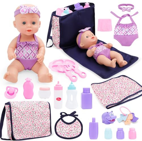 deAO Kit d'Accessoires pour Poupées – Sac à Langer, Vêtements de Poupon, Couverture, Biberon, Accessoires – Adapté aux Poupées de 27cm, Jeu de Role Jouet, Cadeau d'anniversaire pour Filles 3 Ans+