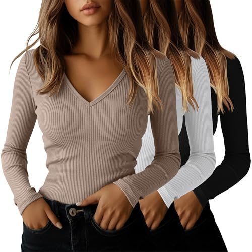 Ficerd Confezione da 3 Maglie a Coste per Donna | Tops in Cotone Con Scollo a V Per Uscire, Abbigliamento Casual Business, Canottiere Basic Aderenti Per Sotto Le Divise