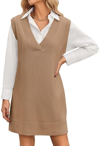 Zeagoo Robe en maille pour femme, sans manches, avec col en V, élégante, à porter sur une chemise, tenue pour automne et hiver, douce, vêtement à couches, S