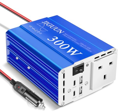 JIGUUN 300W/600W Inverter 12V/24V 240V Pure Sine Wave Converter with 1 UK socket 2 USB ports 2 Type-C ports 30W for cars, camping, travel and emergencies