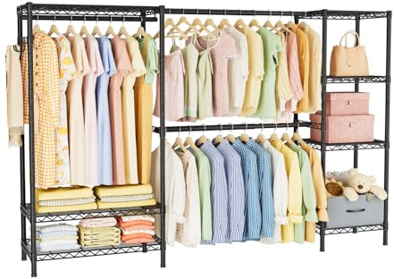 Golpart Coat Rack Clothes Wardrobe：Closet Organizer and Storage Clothing Garment Rack with Shelves Heavy Duty for Hanging Clothes Portable Adjustable Black 15.8 Dx(70-88.5) Wx76.5 H