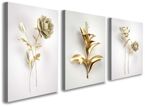 Set of 3 Canvas Wall Art Luxury 3D Gold Flower Artwork for Living Room Modern Floral Wall Decoration Elegant Metal Texture Wall Art for Bedroom Hallway or Staircase with Hooks and Magic Tape 12x16 In