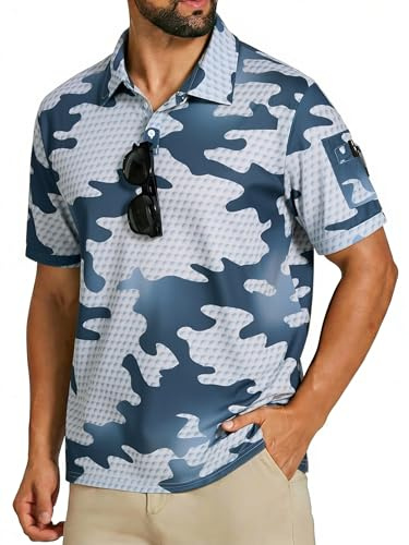 Cozople Men's Camo Tactical Golf Polo Shirt Short Sleeve Textured Camouflage Polo Moisture Wicking Performance Collared Shirt with Arm Pocket for Outdoor Golf Hiking Fishing, X-Large