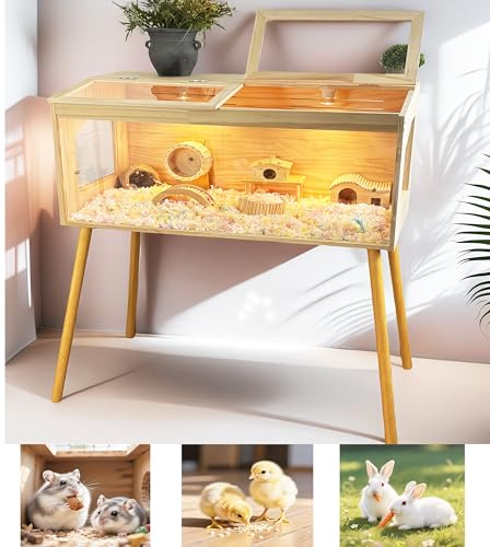 Solid Wood Hamster Cage with Thermostat & Heating Light Sliding Doors, Skylight & 4 x 70 cm Wood Legs Brooder Box for Chicks,Hamsters,Birds,Little rabbit Brooder Cage Chew-Proof