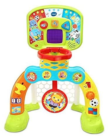 VTech-Baby Centro de Deportes Basket-GOL, Portería de fútbol, Canasta de Baloncesto y Diana, Efectos Especiales y respuestas interactivas, Incluye Tres Pelotas, Marcador LED (80-533522), versión ESP