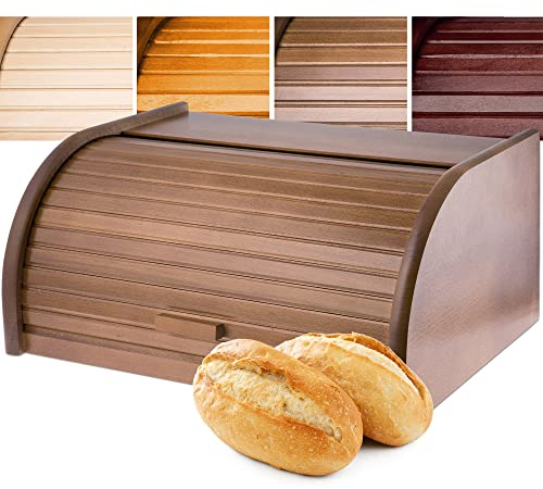 KADAX Wooden Bread Bin, Durable Breadbox with Roll Lid, Spacious Bread Bin, Convenient Kitchen Storage for Rolls, Croissants, Loaves, Bread Container (Brown)