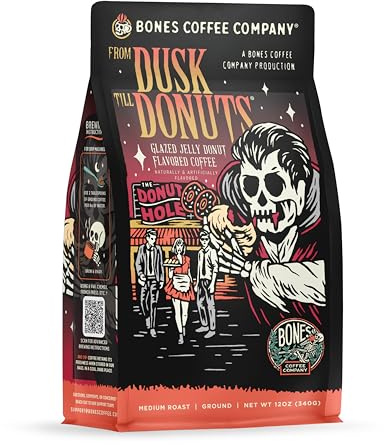 Bones Coffee Company From Dusk Till Donuts Jelly Donuts Flavored Coffee, Medium Roast Low Acid Arabica Beans Compatible with Auto drip and French Press Coffee Maker, 12 Oz Ground