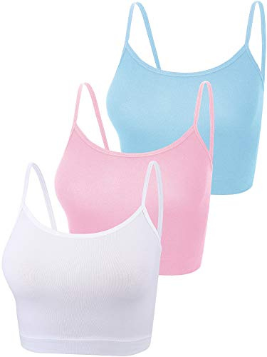 BOAO Lot de 3 Camisoles Court sans Manches à Bretelles Spaghetti pour Femme, Rose, Bleu, Blanc, Taille L
