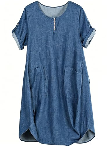 FTCayanz Femme T-Shirt Robe Manches Courtes Lin Coton Tunique Ample Casuel avec Grande Poches Bleu Denim 3XL