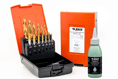 BAER Gewindeschneider Set HSSE-TIN inklusive Bohrpaste: Maschinengewindebohrer Durchgangsloch, Kernlochbohrer: M 3-12 - Gewindeschneidset - Gewindebohrer Satz - Gewinde schneiden
